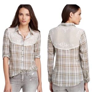 Free People Saddle Up Plaid Button-Up Shirt with Lace Yolk Western Size Small